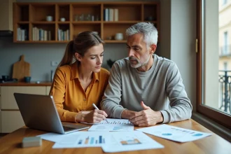 Couple examinant des documents de prolongation Pinel autour d'une table en bois dans un appartement moderne