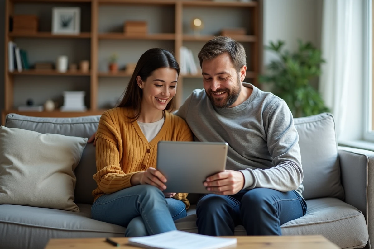 Couple examinant ensemble des documents de location en ligne sur une tablette dans un salon moderne