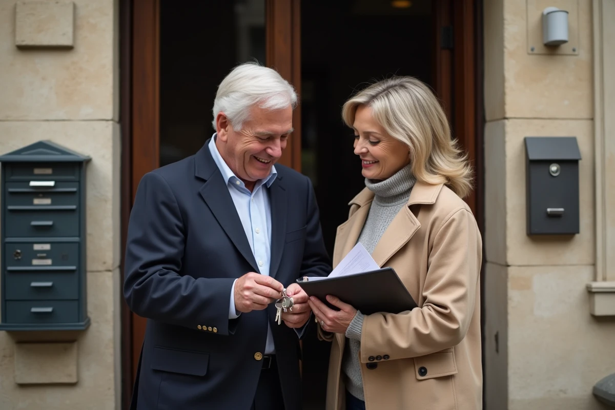 Couple souriant devant une entrée d