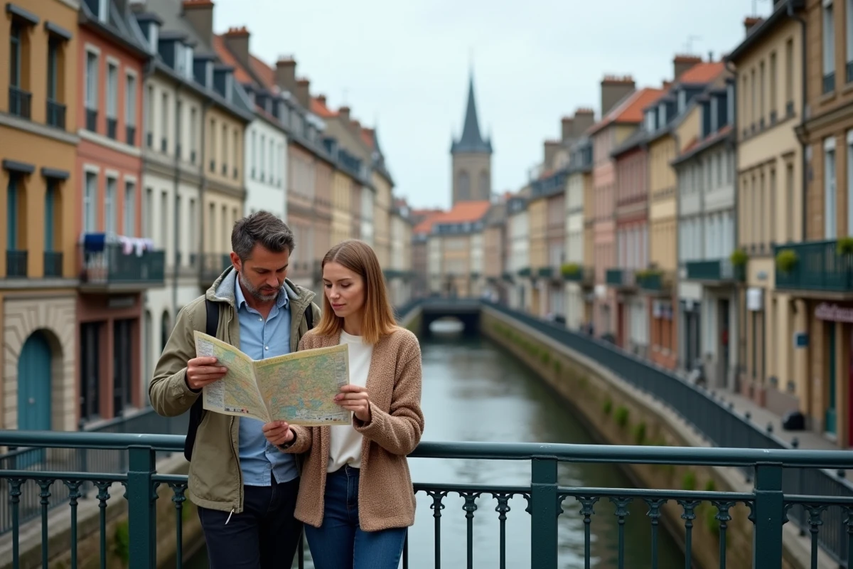 Couple évaluant un quartier de Bayonne depuis un pont, avec vue sur les immeubles et ruelles authentiques de la ville