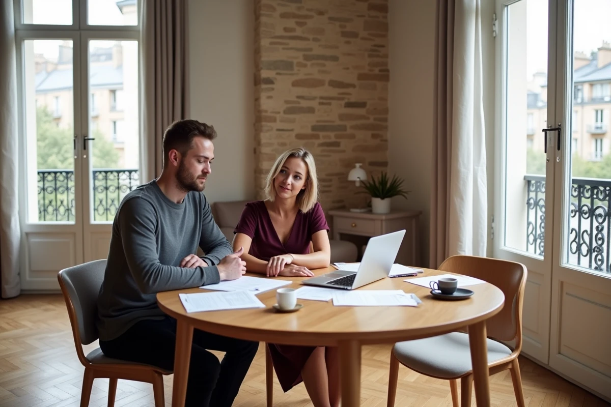 Couple étudiant un projet d'investissement locatif sur ordinateur dans un appartement rénové à Lyon avec parquet en chevron et mur en pierre apparente