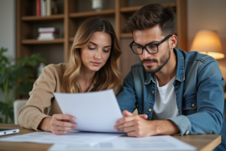 Jeune couple en train de lire des documents de prêt immobilier