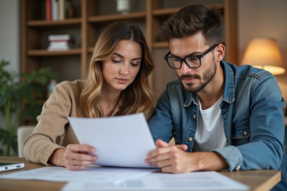 Jeune couple en train de lire des documents de prêt immobilier