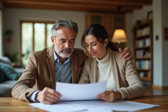 Couple d'adultes lisant des documents de prêt immobilier