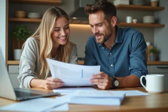 Couple en cuisine examinant des documents de prêt immobilier