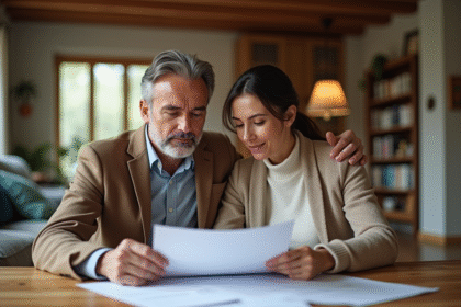 Couple d'adultes lisant des documents de prêt immobilier