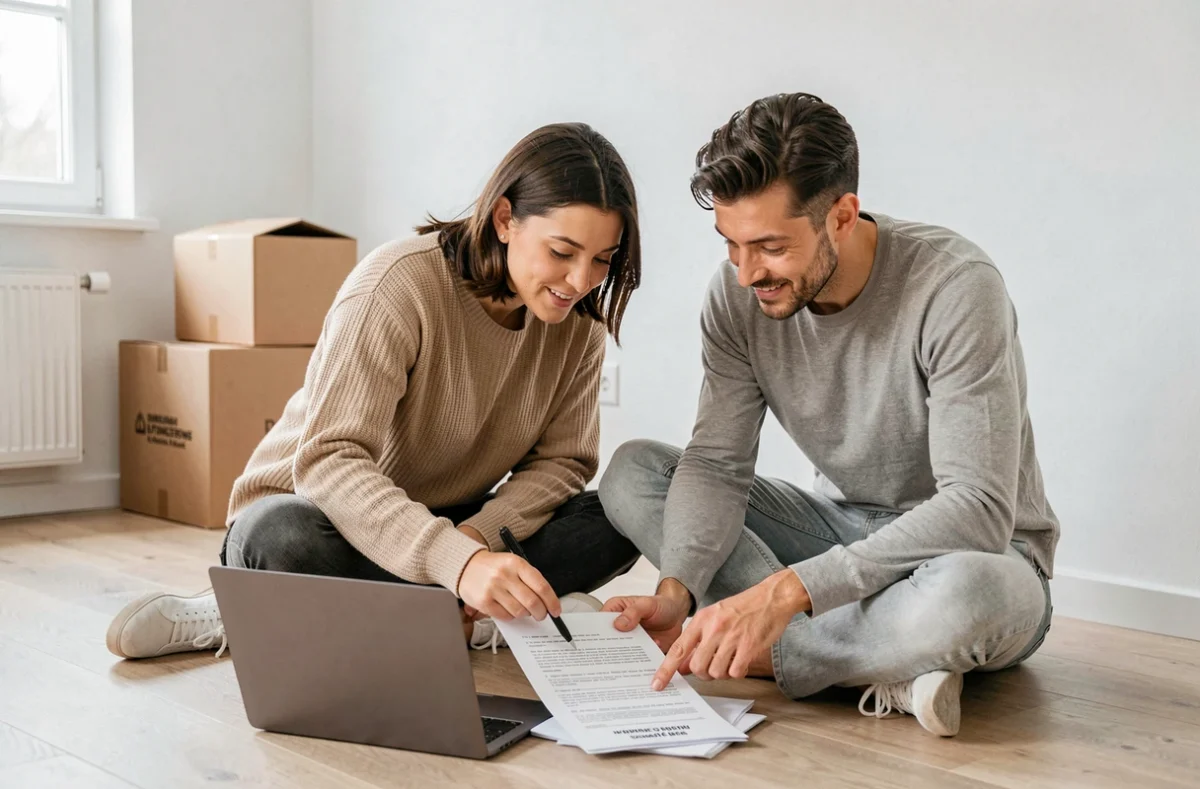 Couple examinant une lettre de résiliation d'assurance habitation dans leur nouvel appartement vide