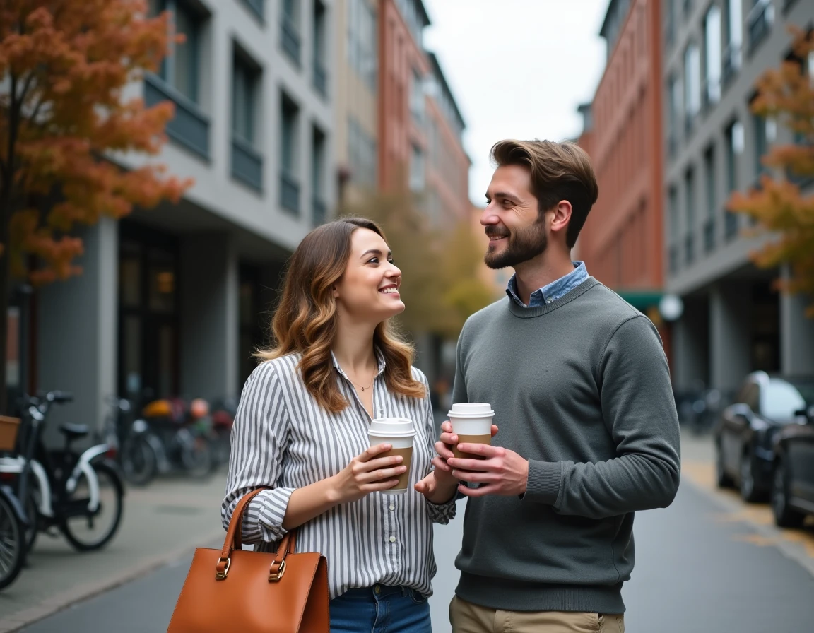 Couple de jeunes professionnels devant un immeuble résidentiel urbain discutant de leur choix de location