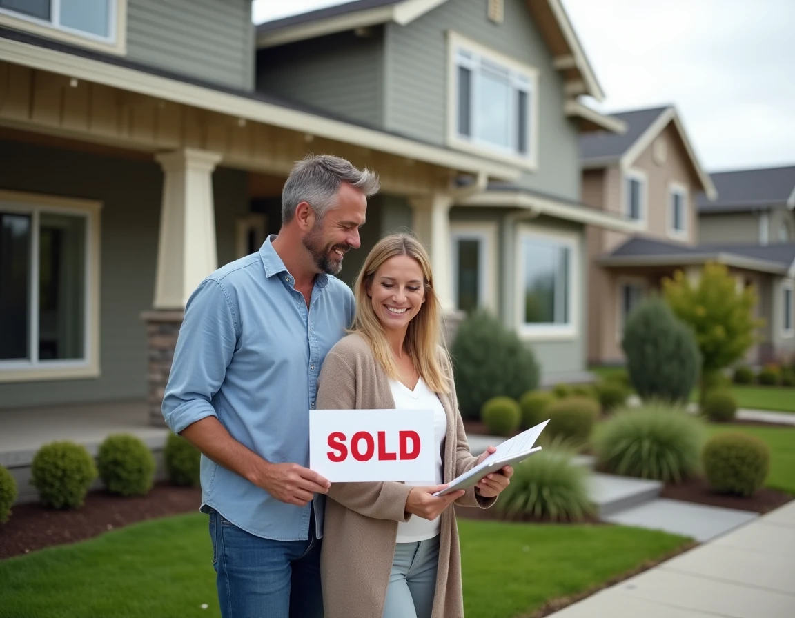 Couple devant une maison rénovée vendue avec panneau sold illustrant la plus-value obtenue grâce aux travaux
