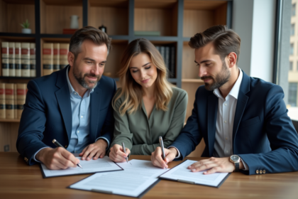 Jeune couple avec notaire en réunion immobiliere