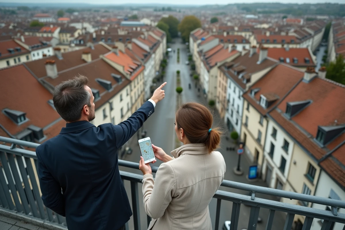 Couple en relocation évaluant les quartiers de Chalon-sur-Saône depuis un point de vue surélevé avec carte