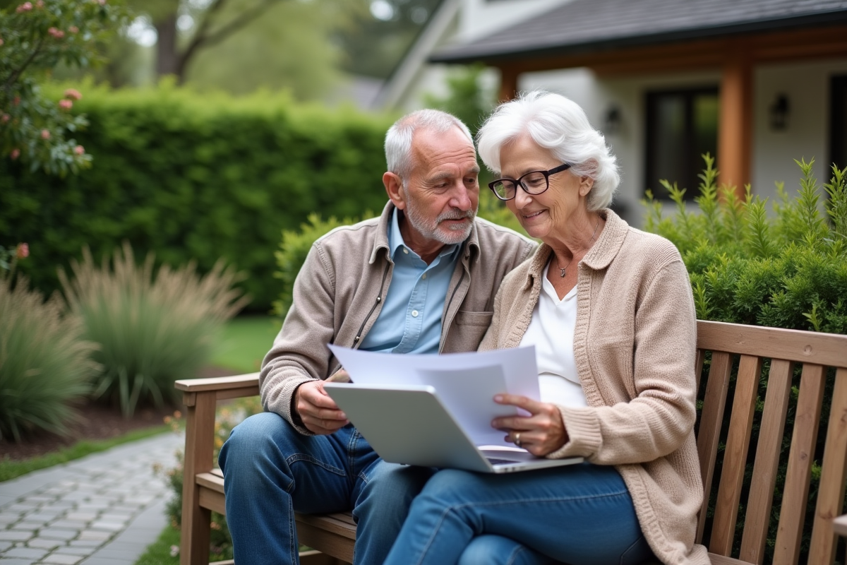 Couple retraité examinant des documents immobiliers dans un jardin
