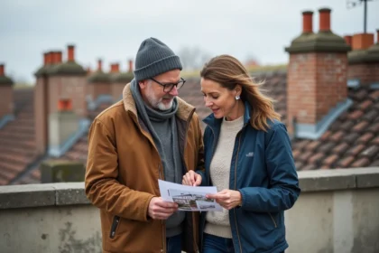 Couple d'adultes sur une terrasse urbaine en train de revoir des documents