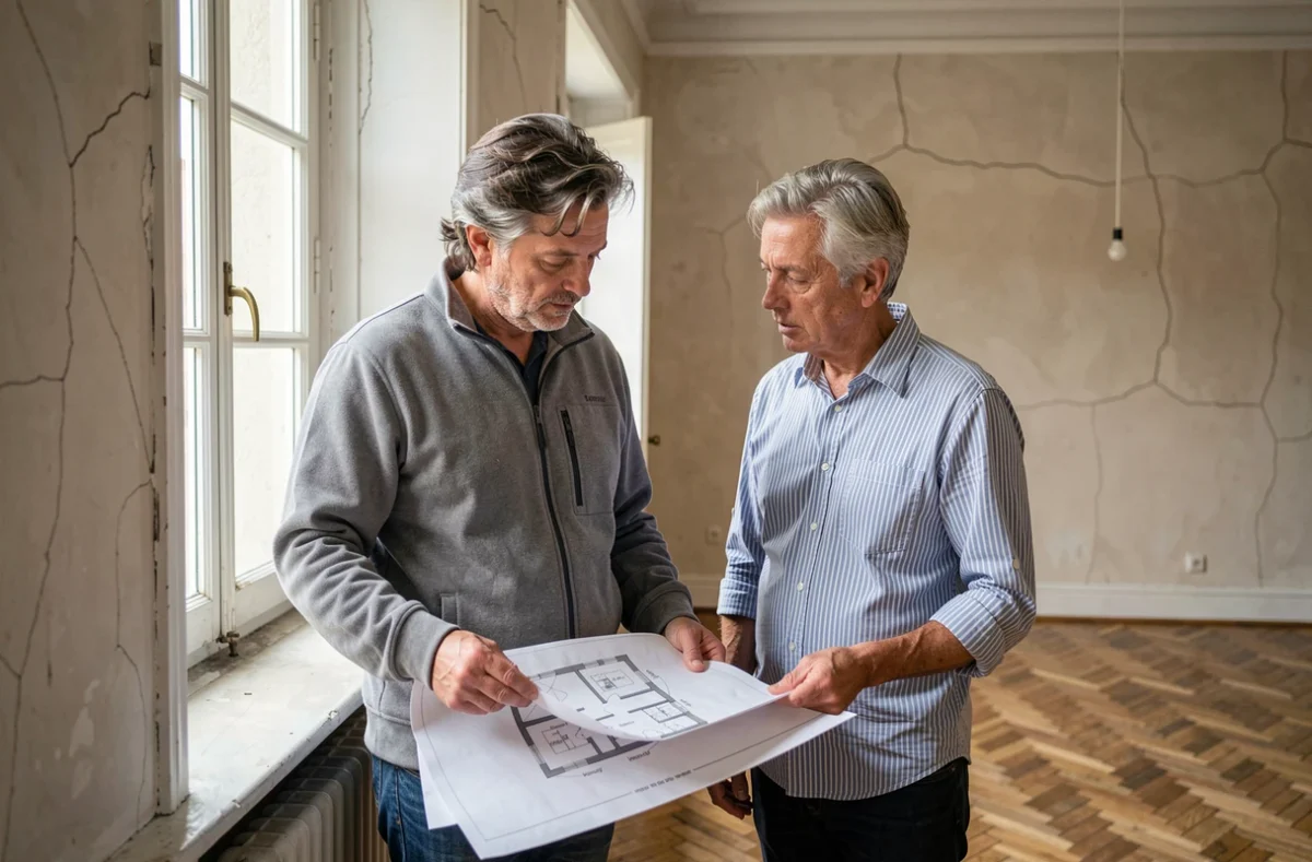 Couple examinant les plans d'un appartement vide à Arras avant de souscrire une assurance habitation