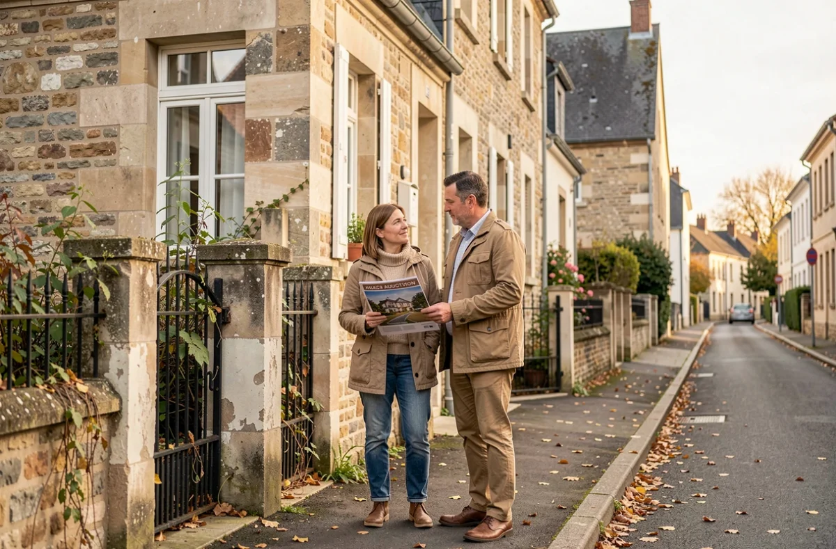 Couple visitant une maison saisie en vente aux enchères judiciaires avec une brochure d'adjudication devant la façade en pierre