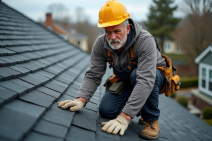 Couvreur homme en travail sur un toit en ardoise sombre