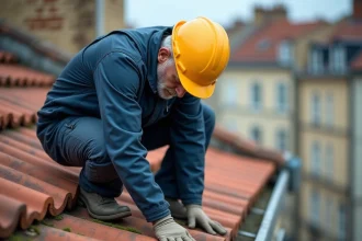 Couvreur inspectant des tuiles en terre cuite fissurées sur un toit de bâtiment résidentiel urbain, travaux de toiture article 606 code civil