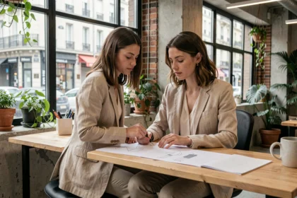 Jeune créative travaillant dans un espace de co-working moderne au 26 rue Sorbier Paris 20e avec vue sur la rue