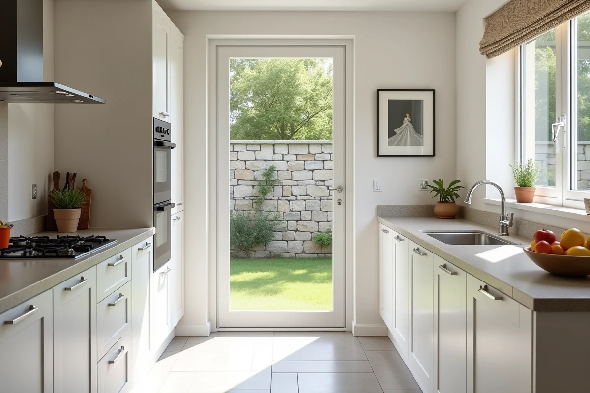 Cuisine rénovée et dépersonnalisée d'une maison familiale en Moselle mise en vente rapidement dans le cadre d'un divorce, avec vue sur jardin