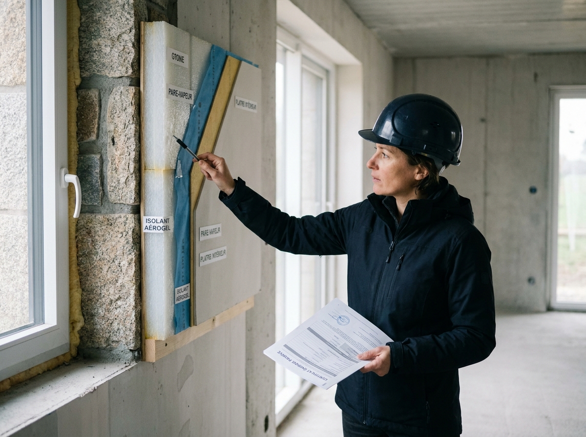 Détail de coupe de mur d'une maison passive en Bretagne montrant les couches d'isolation thermique avec une conseillère en énergie expliquant les matériaux