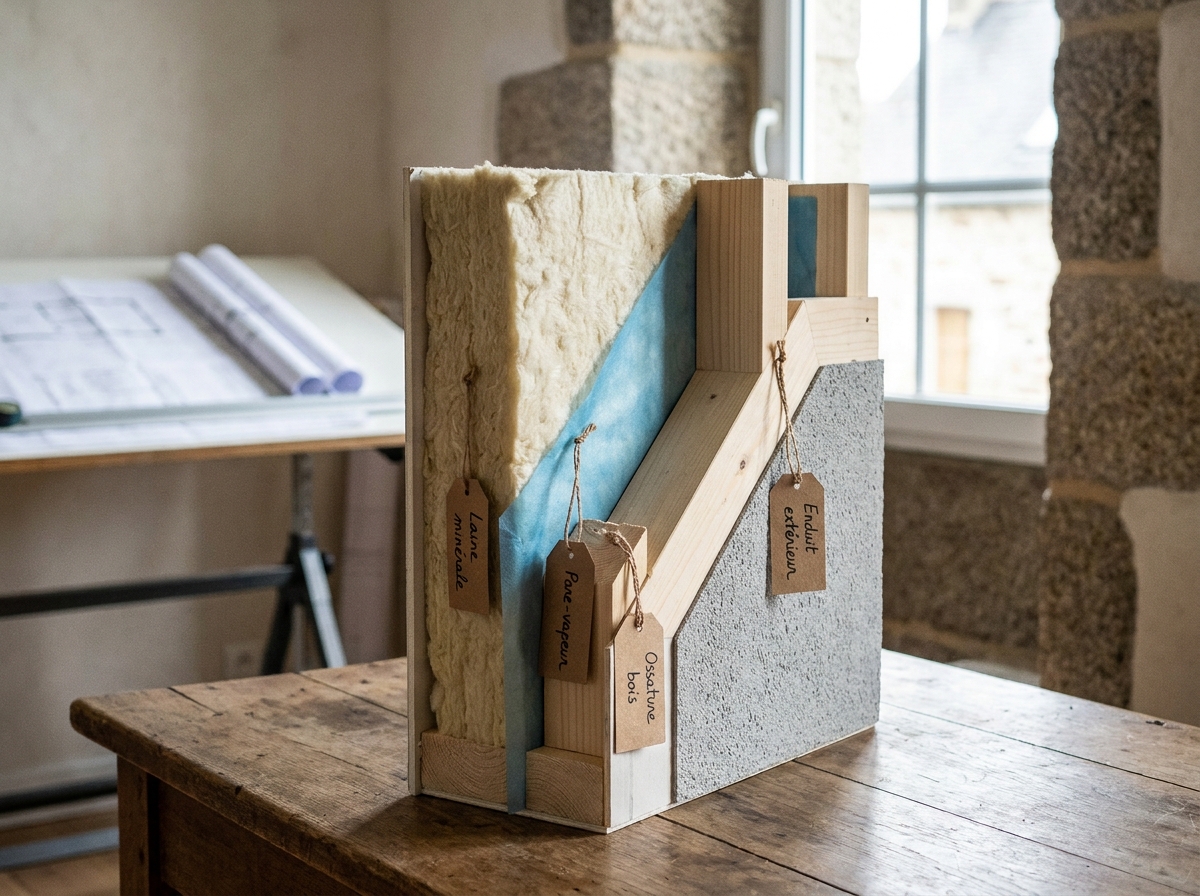 Maquette en coupe d'un mur de maison passive exposant les couches d'isolation et la structure bois dans un studio d'architecte breton