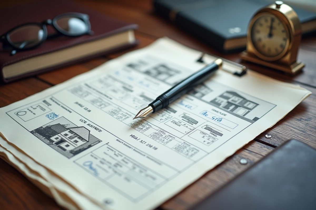 Gros plan sur un document d'estimation immobilière annoté à la main avec un stylo plume sur un bureau de notaire