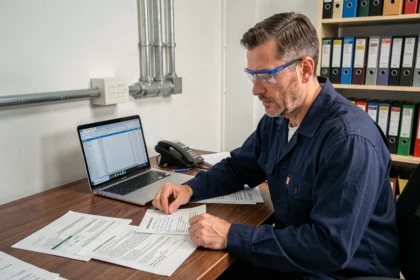 Électricien professionnel analysant des devis d'électricité indexés sur l'indice BT47 à son bureau