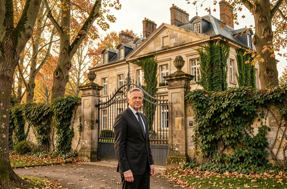 Agent d'Emile Garcin Bretagne devant un manoir breton du XVIIIe siècle en pierre avec parc de châtaigniers en automne