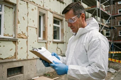 Entrepreneur en combinaison de protection consultant un devis de désamiantage devant un bâtiment en rénovation