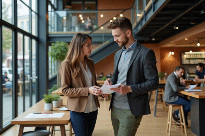 Professionnels discutant dans un espace mixte moderne