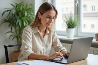 Femme utilisant un outil d'estimation immobilière en ligne sur son ordinateur portable depuis son bureau à domicile