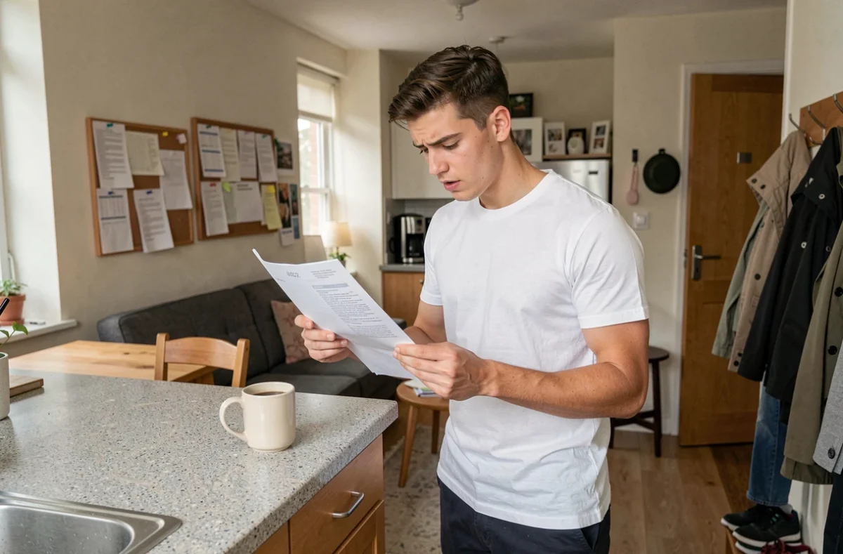 Jeune homme en colocation étudiant lisant un contrat d'assurance habitation dans la cuisine partagée