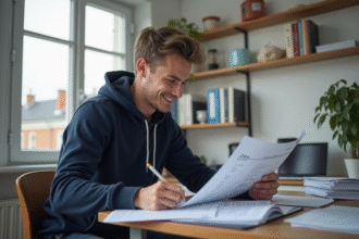 Jeune homme étudiant examinant des documents fiscaux à son bureau