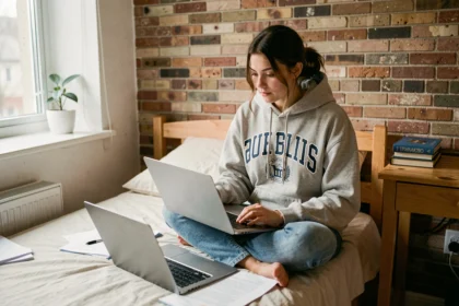 Étudiante dans son studio consultant des documents d'assurance logement sur son ordinateur portable