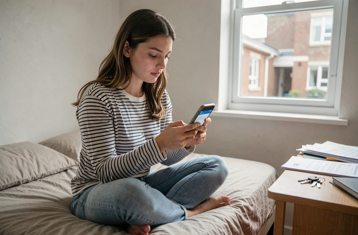 Étudiante consultant son code locataire CROUS sur smartphone dans sa chambre de résidence