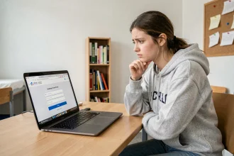 Étudiante cherchant son code locataire CROUS sur un ordinateur portable dans sa chambre de résidence universitaire