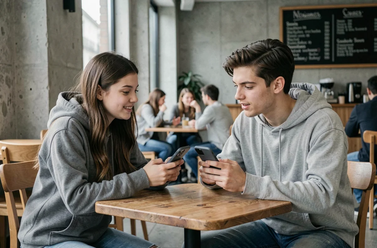Deux étudiants comparant des offres d'assurance logement sur leurs smartphones dans un café universitaire