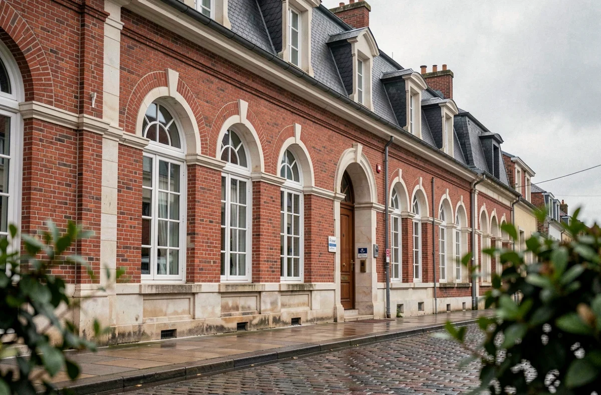 Façade typique d'une maison de ville en briques rouges à Arras avec architecture flamande