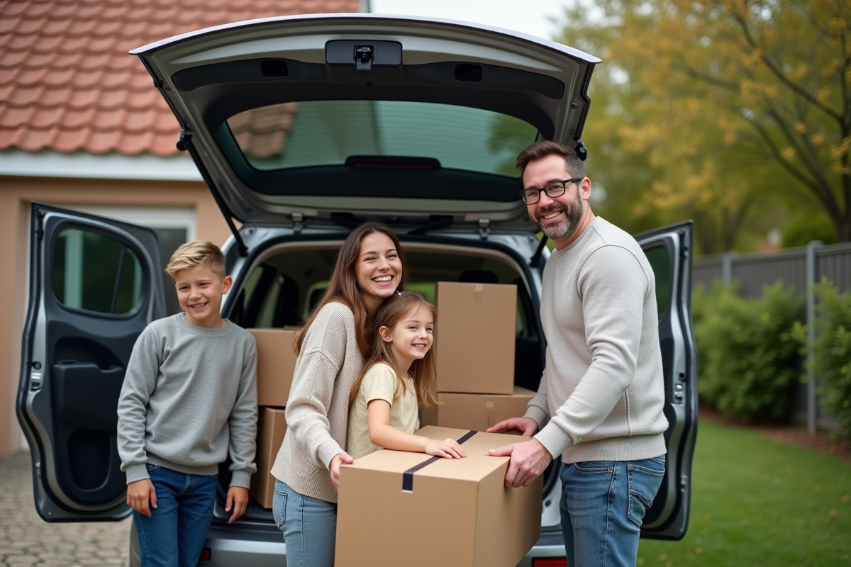 Famille française chargeant la voiture pour un déménagement