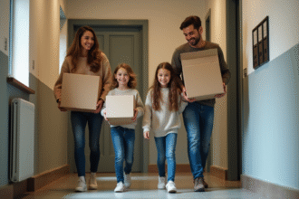 Famille de quatre en déménagement dans un appartement