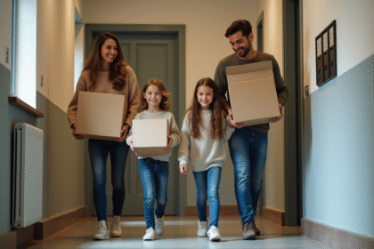 Famille de quatre en déménagement dans un appartement