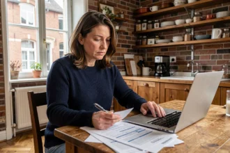 Femme consultant des documents d'assurance habitation dans un appartement de style arrageois
