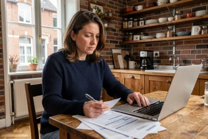 Femme consultant des documents d'assurance habitation dans un appartement de style arrageois