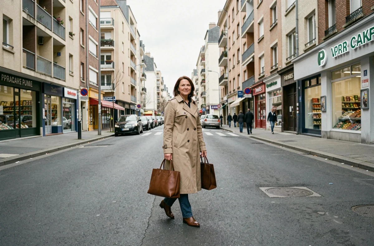 Femme se promenant sur un boulevard animé d'un quartier populaire de Blois, avec commerces de proximité et immeubles d'habitation en arrière-plan