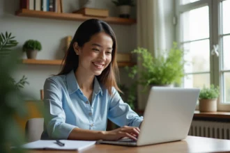 Femme souriante travaillant sur son ordinateur dans un appartement lumineux