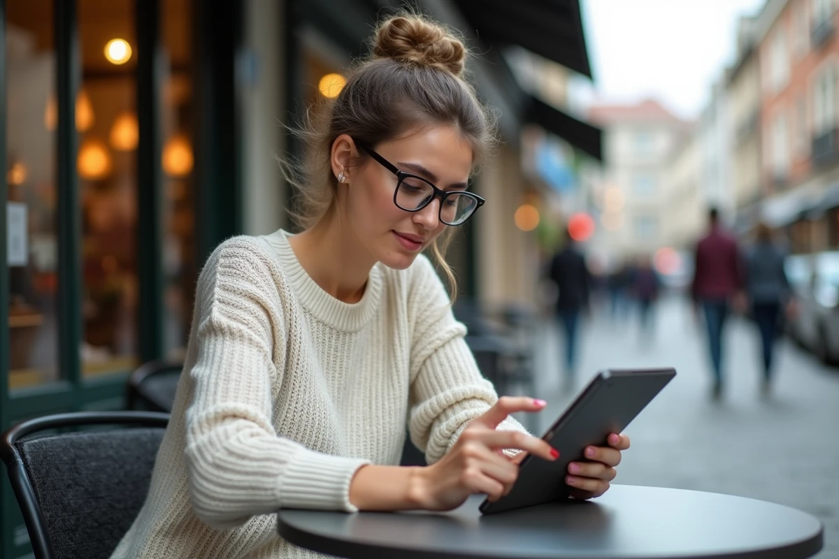 Jeune femme lisant des données immobilières au café