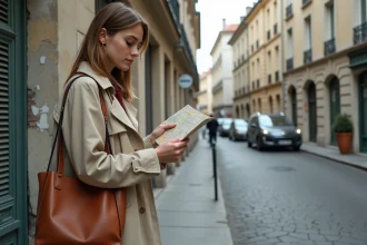 Femme consultant une carte dans un quartier urbain de Chambéry avant de choisir son adresse