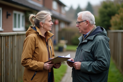 Femme en extérieur parlant à un homme devant une maison de banlieue