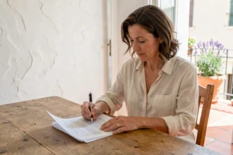 Femme consultant son contrat d'assurance habitation dans un appartement marseillais