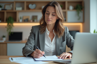 Femme d'affaires examine un contrat de location dans un bureau moderne